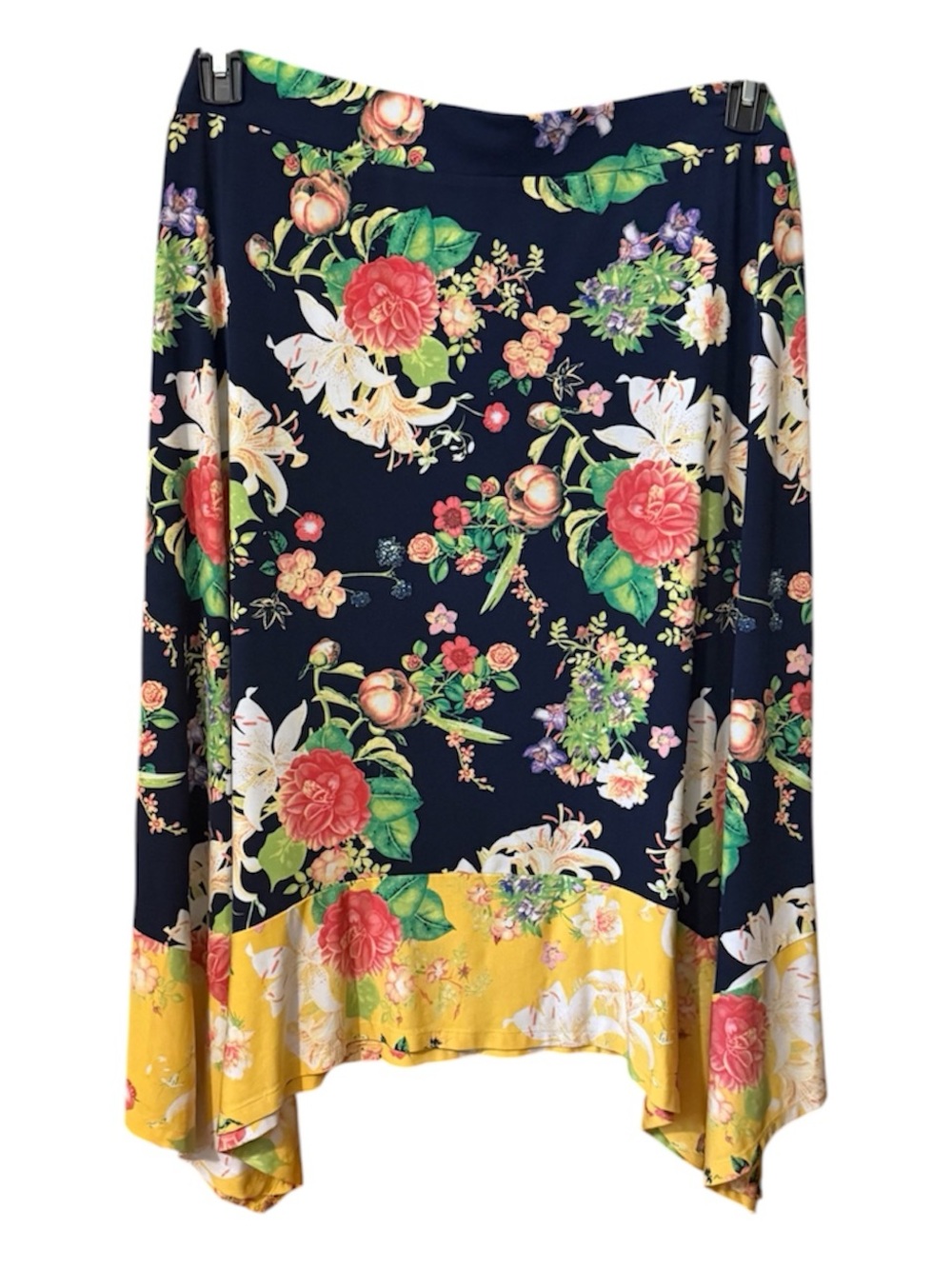 Plus Size Rafaella Navy Floral asymmetrical Skirt with Yellow Hem size 3X